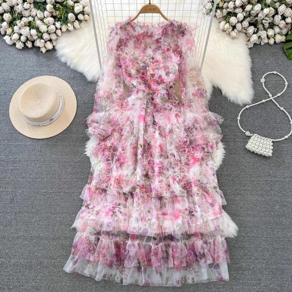 Sıradan Elbiseler Jeserary Kadın Balo Elbisesi 2024 Moda Çiçek Örgüsü Basamaklı Ruffles Kelebek Kolu Pembe Çiçek Baskı Peri Maxi Vestido