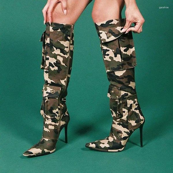 Botas pontiagudas de camuflagem de estiletto calcanhar calcanhar bolsos joelhos botas altas