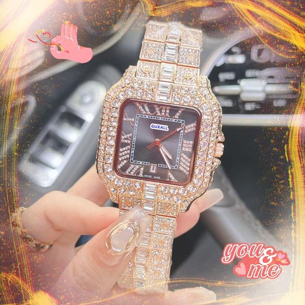 Популярные блестящие звездные бриллианты Любители кольца часы для мужчин квадратный римский танк розовый золото серебряные часы римские танк Quartz Watch Orologio di Lusso подарки