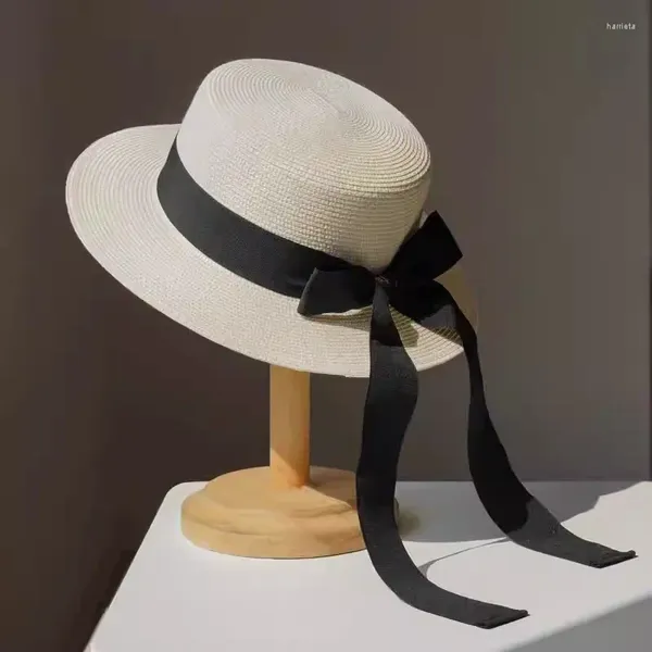 Geniş ağzına kadar kötü şapkalar fransız tarzı güneş şapkası kadınlar için düz top bowknot yaz boater saman fedoras plaj tatil panama