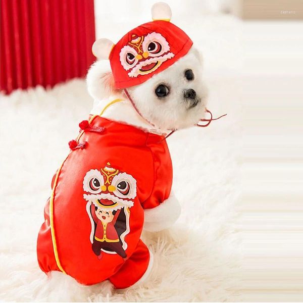 Köpek giyim evcil kedi dört metrelik tulum Çin yılı geleneksel tang takım elbise kostüm yastıklı sıcak polar astarlı ceket şapka