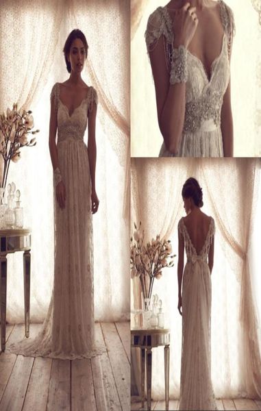 Abiti da sposa senza schienale Simple Beach V Neck Capplee Open Back Long Long Linea abito da sposa in pizzo in pizzo cristallo abito da sposa Custom1525379