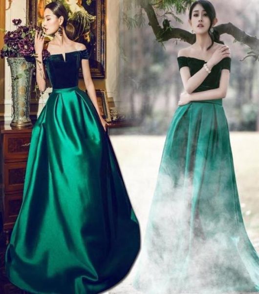 Boot Hals Eine Linie lange formelle Kleider Emerald Grüne elegante Abendkleider Samt Satin Prom Wear8475293