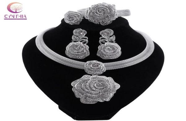 Dubai Women Silver Batined Jewelry Sets Gretos de Ornamento de Casamento Africano para Brincos de Colar de Colar Arab