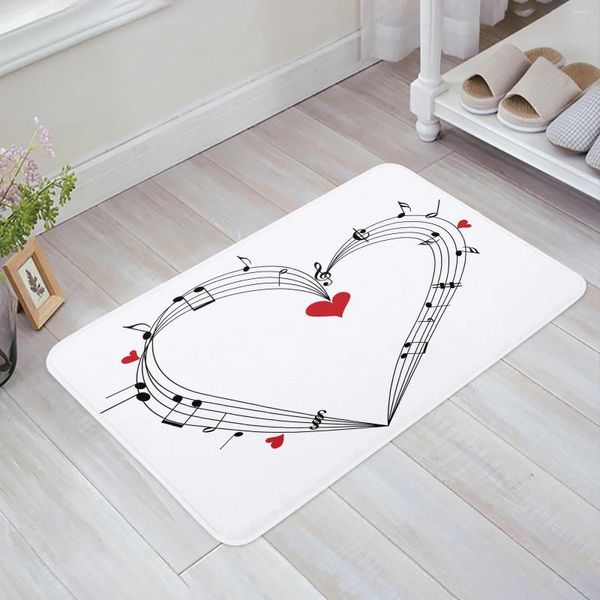 Carpets Música Símbolo Vermelho Coração Musical Nota cozinha capacho de quarto banheiro piso de tapete de tapete de porta tapetes de tapetes de tapetes decoração