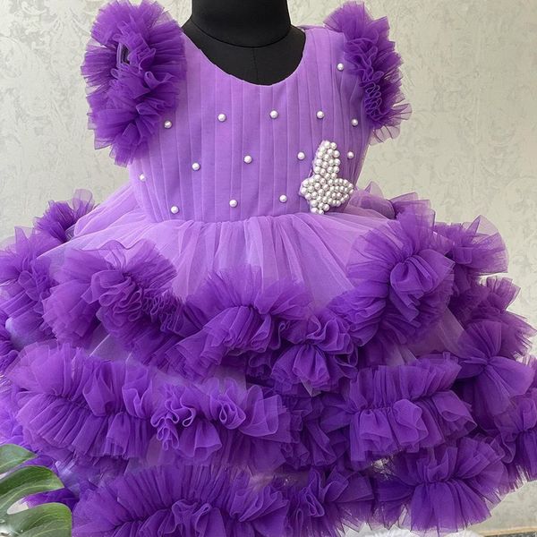 Pufpy Ball Gown Жемчужные платья цветочники для свадьбы Новое роскошное роскошное пачка аппликационные театрализованные платья жемчужины с пурпурным тюлем