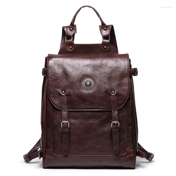 Backpack Highnd A4 Brown Coffee Cafety Vegatável Tenned Grã Full Genuine Leather 14 '' 15.6 '