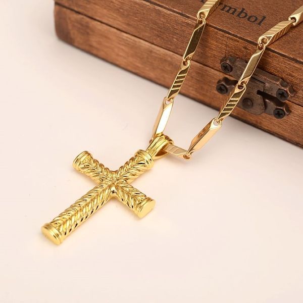 14k Solid Fine Gf GF Charms Lines Collana a sospensione Donne maschili Croce Christian Jewelry Factory Wholecrucifix Go292J