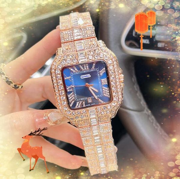 Top -Marke Tisch Männer Luxus Uhr Bling Shiny Sternen Diamanten Ringuhr Quarz Batterie 3 Zeiger Design gut Qualität quadratischer römischer Tank -Dial -Ketten -Armband Armband