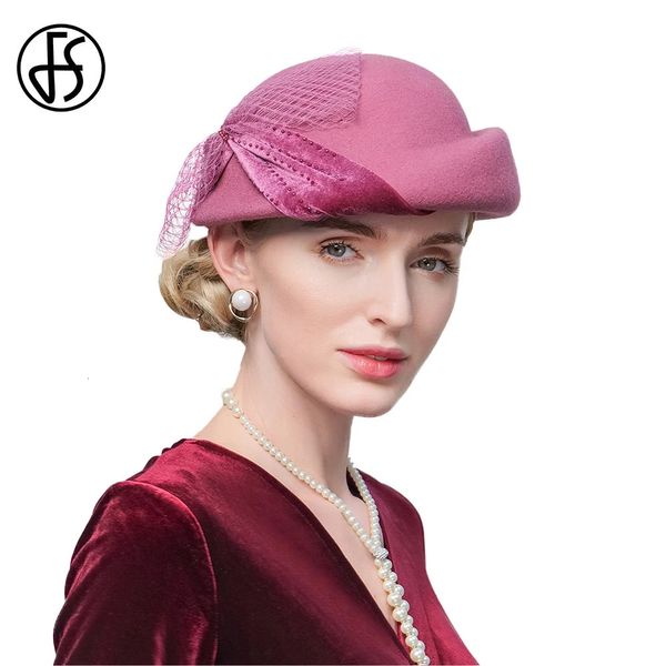 FS Ladies Fedora rosa con cappello da donna con velo con berretti grigi della chiesa nera del velo.