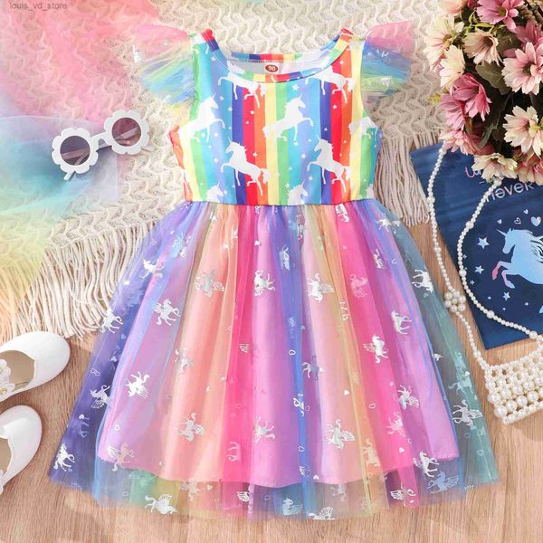 Kız Elbiseler Çocuk Kıyafetleri Kızlar Elbiseler Yaz fırfır uçan kollu sevimli gökkuşağı baskılı tutu parti güzel moda prenses elbise için 1-7y T240415