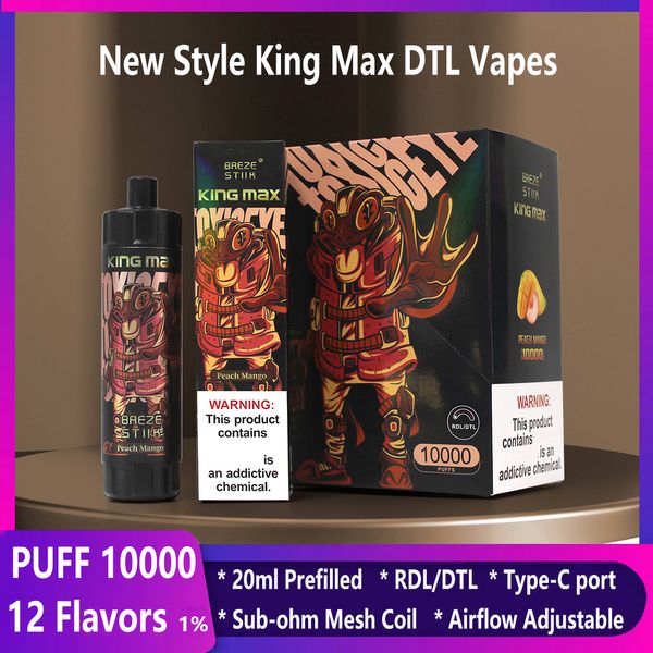 Breze Stiik Puff 10000 Vaper 10000 Puff Poft Pen Vape Pen 10k Puff Vapes King Max 10k Puff 20ml Cartuchos pré -cheios pods Vapes Vapes 850mAh Recarregável 12 Flavoros Vapor