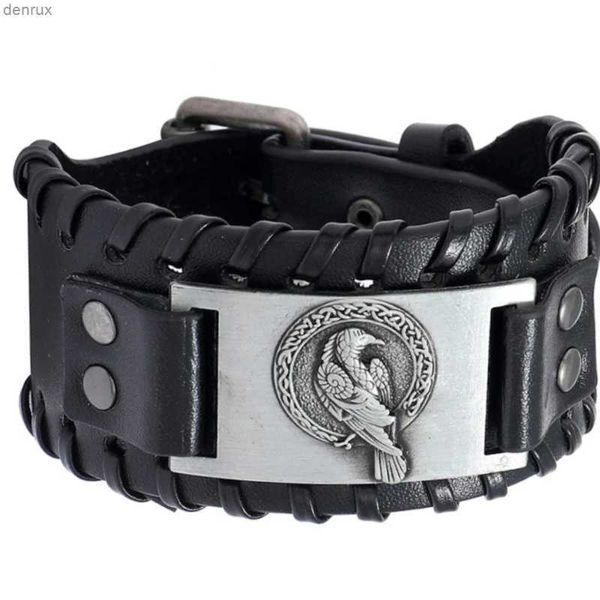 Altri braccialetti alla moda in pelle Wide Edition Intrecciato Nordic Crow Viking Bracciale Rune Bracciale Man Bracciale Nuovo Fashion Hip Hop Punk Gioielli Punk Accessoril240415