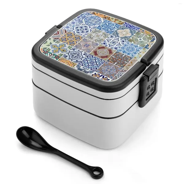Conjunto de utensílios de jantar de 48 padrões de azulejos de cerâmica Bento caixa portátil Almoço de palha de palha de palha abstrata antiga antiga antiga