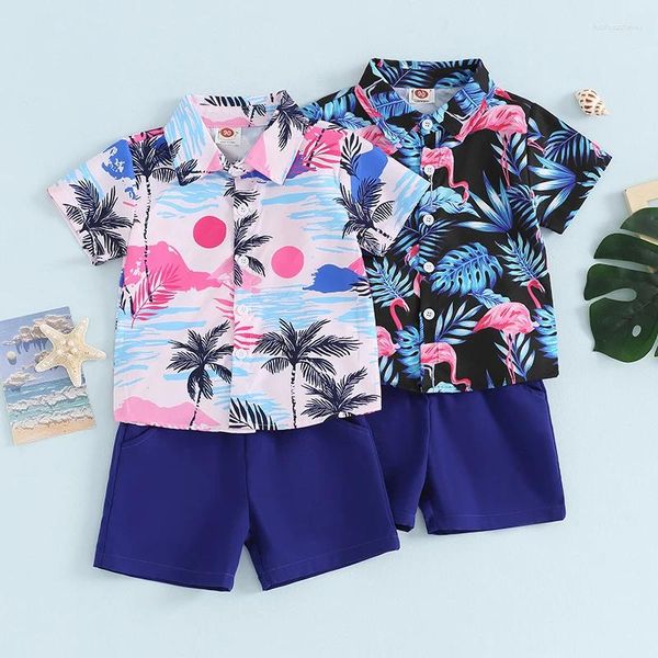 Kleidungssets Pudcoco Kleinkind Junge Sommer -Outfits Baumdruckknopf Kurzarm Strandhemd Hemd elastische Shorts für 2 -teilige Urlaubskleidung