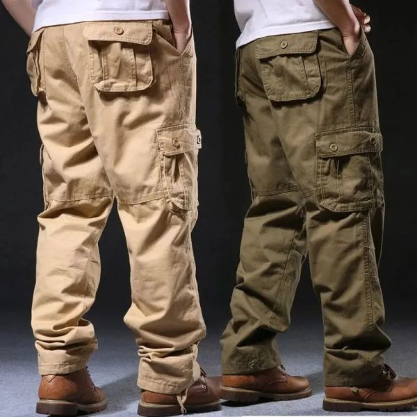 Calça calça casual algodão multipockão de carga militar masculino combate o trabalho de trabalho de macacão resistente a roupas de vendas de calças retas de tamanho