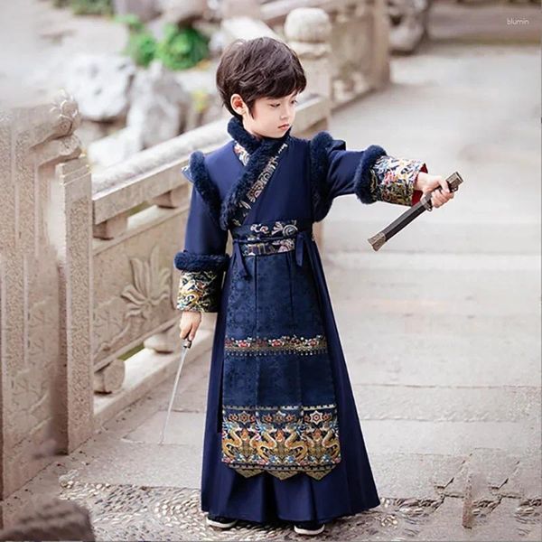 Roupas de roupas figuradas do ano chinês hanfu para meninoskids carnaval cosplay crianças inverno mais grosso conjunto de crianças crianças 3-16t