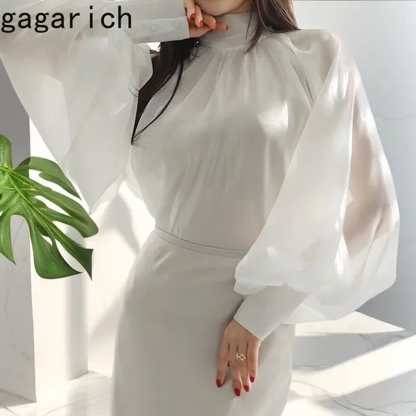 Frauenblusen Gagarich Vintage Loose Solid Folds Krawattenschuhe Design Flecken Hemd Frau Elegante Standkragen Laternenhülse vielseitige Bluse