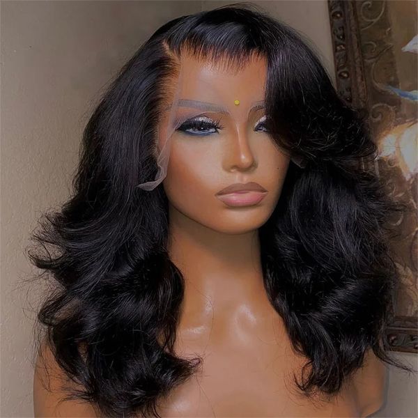 Körperwelle natürlicher schwarzer Bob peruanische menschliche Haarseiten Teil Spitze vordere Mitte vorgezogen für Frauen 180 Dichte 240408