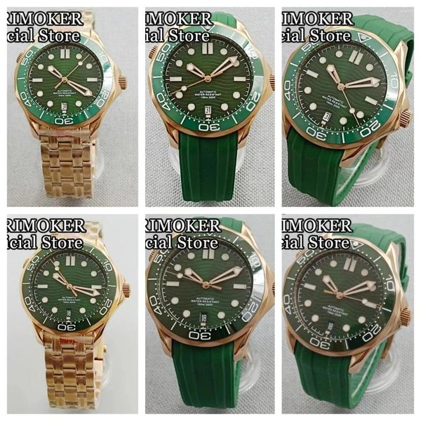 Наручительные часы Larimoker Rose Gold Luxury 41 -мм мужчина часы Sapphire Glass Green Dial NH35A Дата на 6o'clock Движение стальной браслет резиновый ремешок