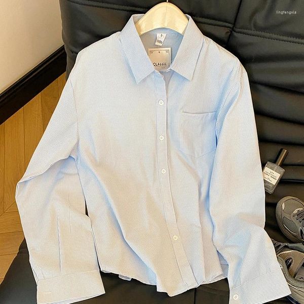 Frauenblusen lässige Baumwolle Oxford Hemd koreanische Version gute Qualität Frau Bluse und Tops Lady White Blue Striped Hemden Kleidung