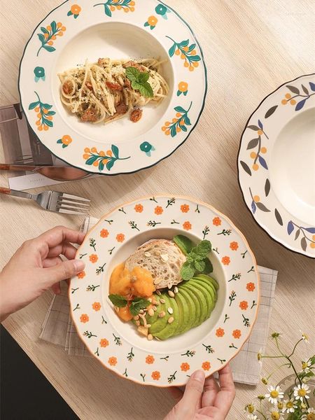 Placas Cerâmica Impressão floral Dinner ocidental Placa profunda Pasta doméstica Salada de macarrão