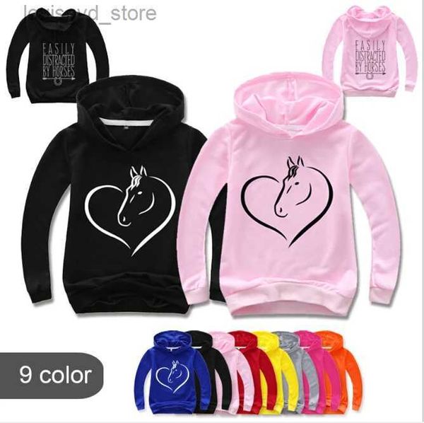 Hoodies Sweatshirts 2-14y Mode gedruckter Pferde Hoodie Boy Langarmhemd Hemd Cildren Sweatshirts Mädchen Hoodies Kinder Mantel Kinder Kleine Streetwear T240415