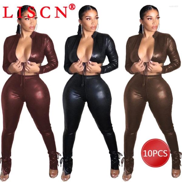 Frauen zwei Stück Hosen 10 Massenartikel Großhandel Lose Tracksuits Frauen 2024 PU Leder Verband aus Outfits Langarm Crop Top Pant K12827