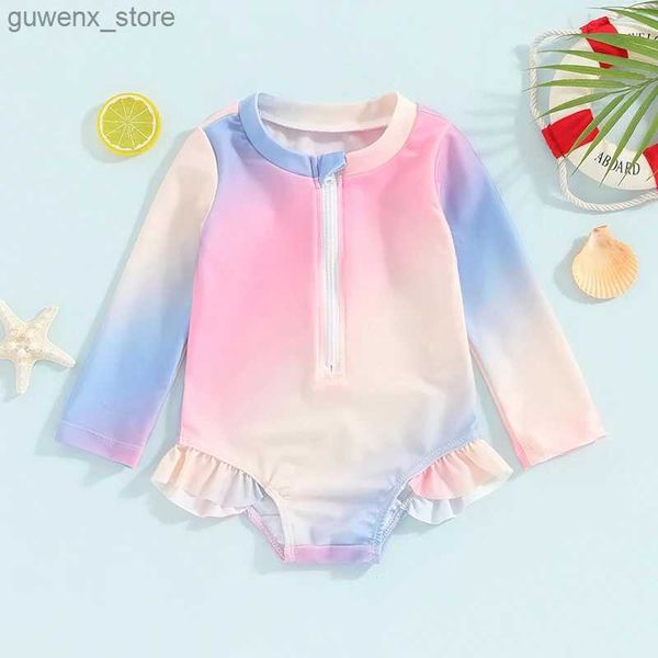 Pieces 6m-4t Toddler Girls Rash Guard Gradiente Cor de manga comprida Round Round Swimsuits Zipper Ternos de banho Y240412