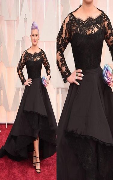 Vestido formal de baile de baixo tamanho de alto tamanho de renda de renda bateau de manga longa Oscar Kelly Osbourne, vestidos de noite, bola preta da mãe do BRI5072762