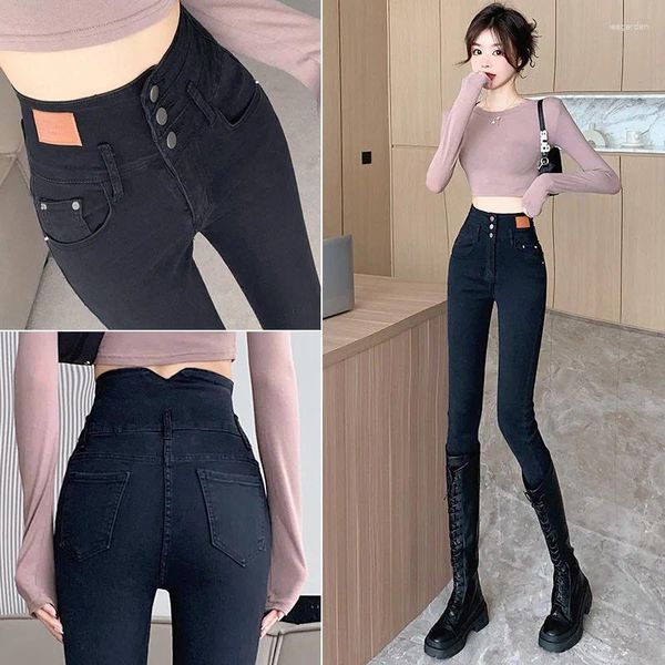 Frauen Jeans hohe Taille für Frauen mit Plüschherbst- und Winter 2024 Black Grey Slim Sight Leggings