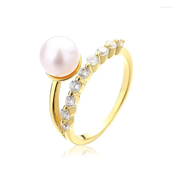 Anelli a grappolo RZ-18 Zfsilver Silver S925 Fashion Trendy Gold Zircone di alta qualità Gold Round Acqua dolce Pearl per donne Wedding Charms Gioielli