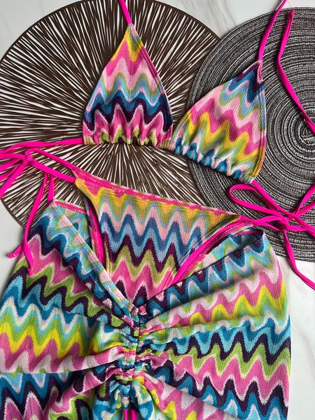 Парижский модный вязаный вязаный 3 кусок бикини набор роскошной юбки полосатой купание дизайнер купания для купальников Сексуальные купальные костюмы купаль
