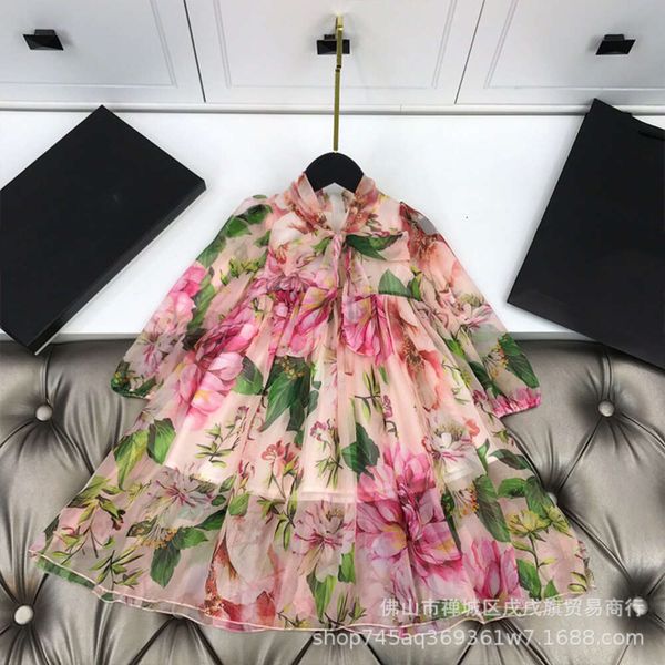 Girl's Casual Girls Spring Summer Abito a maniche da fiori a maniche lunghe golla principessa in chiffon imitazione seta grande