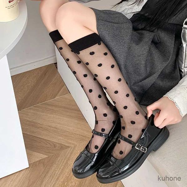 Meias Hosiery Women Sexy Veja através de meias altas de joelho de nylon macia bolca de pola de bolinha longa Lolita Ultra-Fhin Transparent Summer