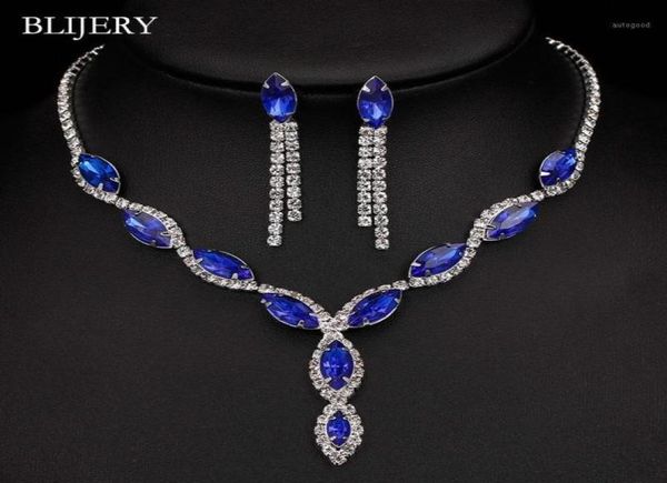 Blijery Silver Plated Royal Blue Crystal Wedding Jewelry Conjuntos para mulheres Brincos de jóias de noiva para folhas de folha Conjuntos de jóias de noiva13001308978