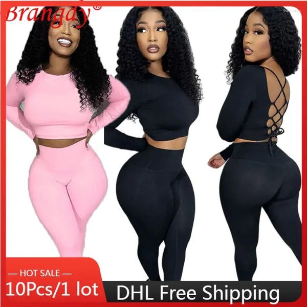 Frauen zwei Stück Hosen 10pcs Bulk Gegenstände Großhandel sexy Hosen Sets für Frauen 2 Stück eng anpassungslosen Schnüre -up -Langarm -Oberteil und Anzug