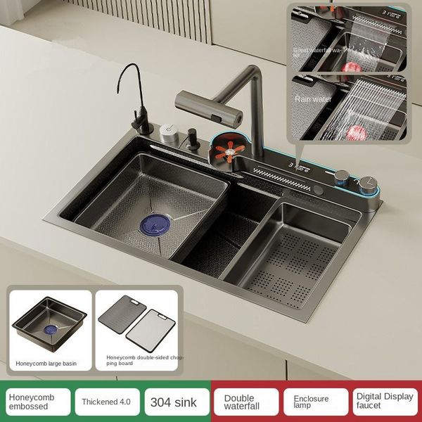 Pias de cozinha 304 cachoeira de aço inoxidável grande slot único slot slot integrado visor digital conjunto de torneira dispensador de sabão pia de cozinha estilo de botão de copo