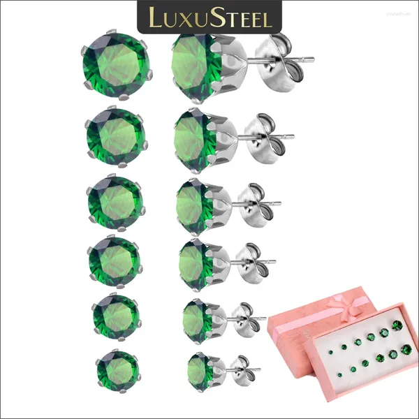 Stud Küpe Luxusteel 6 Çift 3-8mm Yeşil Zirkon Kristal Küpe Seti Erkekler Çiçek Yuvarlak Çiçek Renkli Rhinestone Piercing