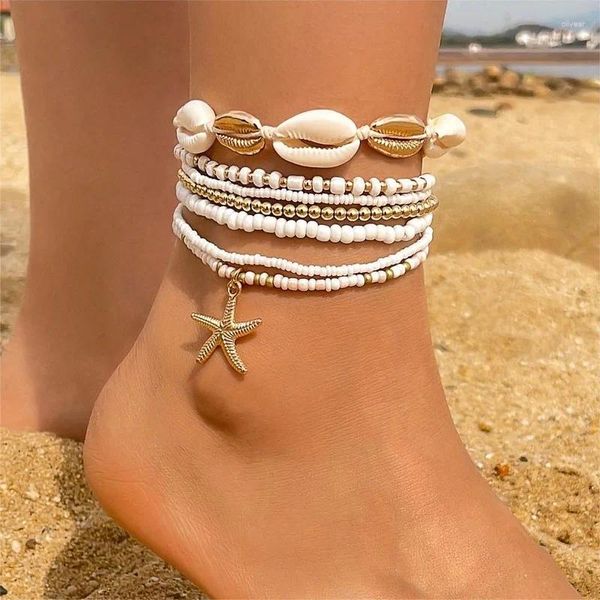 Braccialetti di fascino bohemian stellfish conch conch shell perle caviglia per donne multistrato della catena delle gambe in per sospetto