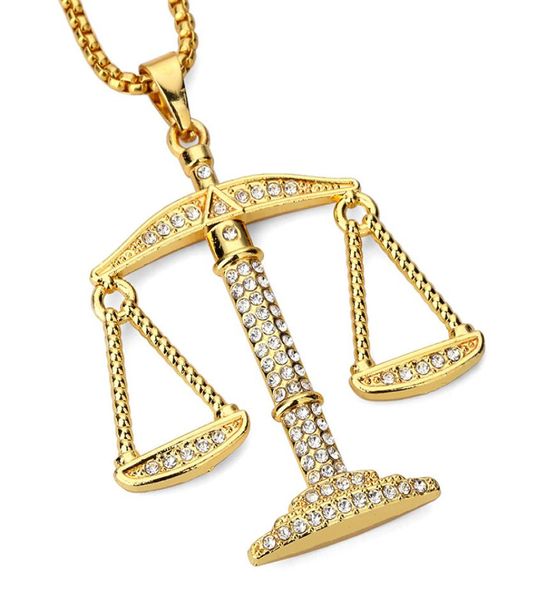 Bilancia della giustizia scale a ciondolo Collana Fashion Gold Charm Gold Men Women CZ Stone Rhinestone Crystal Hiphop Gioielli in lega6416907