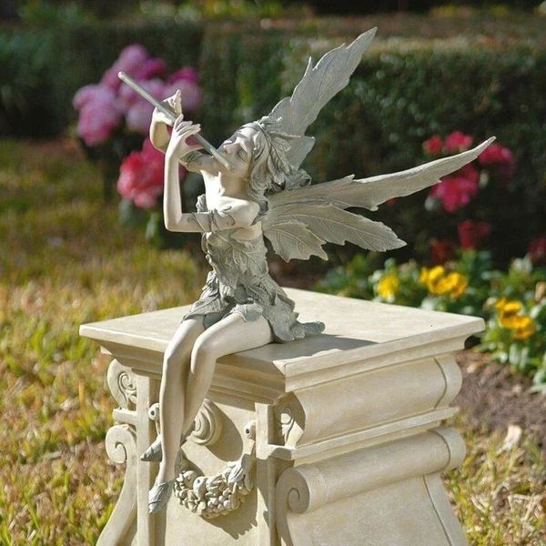 Tocando a flauta estátua de fada anjo jardim escultura decoração