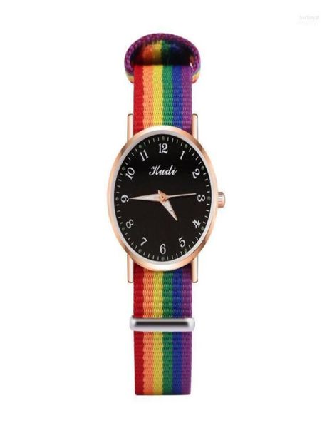 Avanadores de pulso Luxo Mulheres quartzo Relógios Senhoras Rainbow Color Fabric Beltwatch para pulseira de pulseira à prova d'água elegante relógio Reloj M7450544