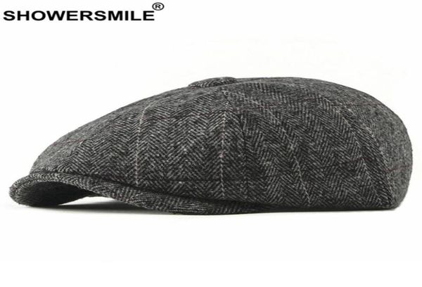 Sboy Hats Sboy Dusche Tweed Cap Men Wolle Fischgramm Flacher Winter grau gestreifter männlicher britischer Stil Gatsby Hut verstellbar1435682