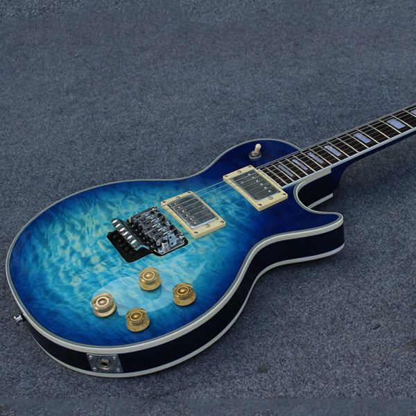 Kablolar yüksek kaliteli lp özel mavi kapitone üst elektro gitar ile floyd rose tremolo