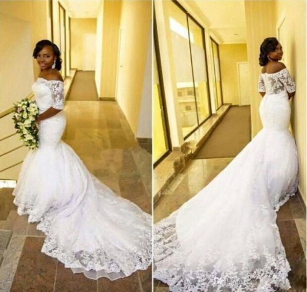 2017 Tulle Lace Black Girl Black Girl Sudafrica sirena abiti da sposa in stile arabo allenatore di tribunale Vestidos de nolia Robe de Mariage BR1230221