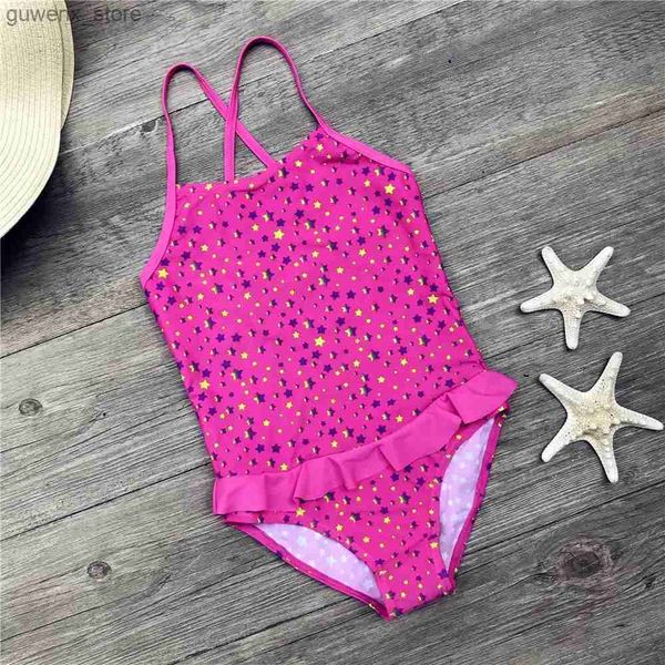 Meninas de uma peça One Piece Swimwear New 2024 Crianças Girls Black Stripe Printing Swimsuit Kids Girl Summer Summer Wear Suits Bathing Suits Y240412