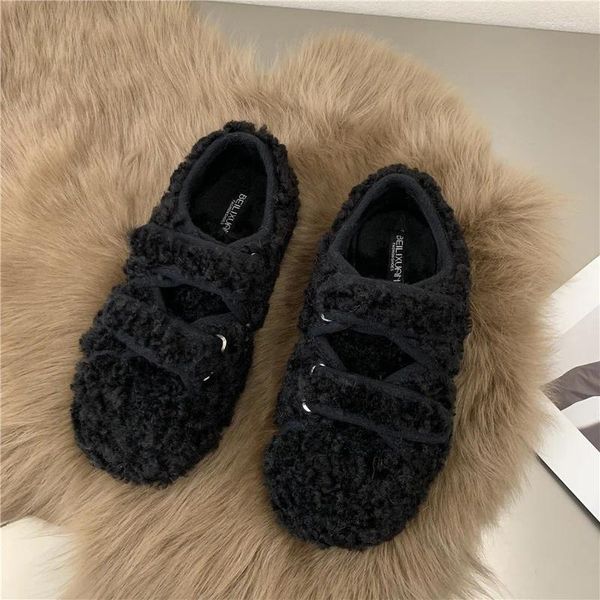 Повседневная обувь Bkqu Fashion Lamb Wool One Word с мехом с плоским дном и зимняя внешняя одежда для всех матчей Lazy Beanie Cotton