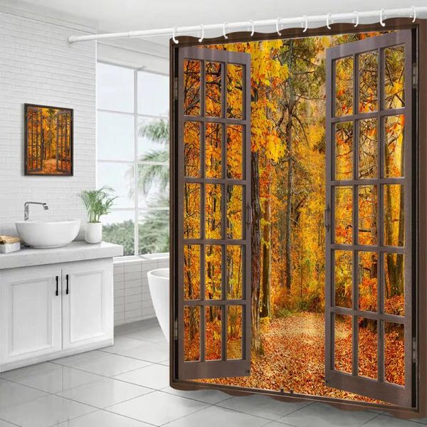 Duschvorhänge Herbst Waldlandschaft braune Fenster Ahornbäume Weg Herbst Natures Stoff Badezimmer Dekor mit Haken Set mit Haken