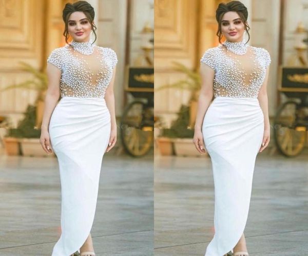 Vestido de bainha branca de dubai moderno vestido de noite pérolas de gola alta manga de tampa de capa de kaftan vestidos formais vestidos de noite com sli4016692